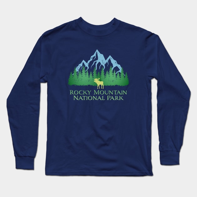 Rocky Mountain National Park Colorado Mountain Trees Moose Long Sleeve T-Shirt by Pine Hill Goods